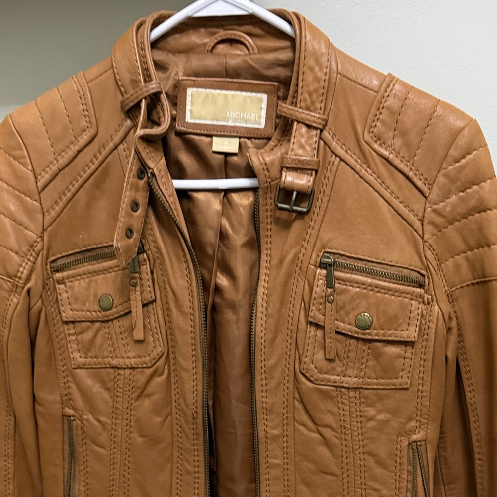 Michael Kors Tan Leather Quilted Moto Jacket - Picture 2 of 8